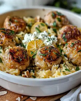 Boulettes Grecques & Orzo Citronné avec Crème de Feta