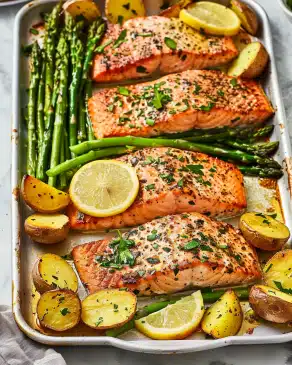 Garlic Butter-Roasted Salmon with Potatoes & Asparagus
