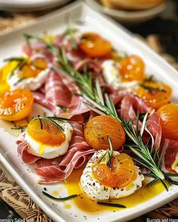 Roasted Apricot Rosemary Salad with Burrata and Ham