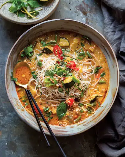 Saucy Coconut Curry with Rice Noodles and Garden Vegetables