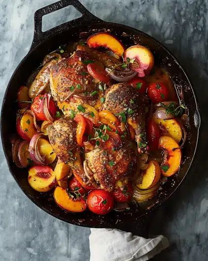Skillet Roast Chicken with Peaches, Tomatoes and Red Onion