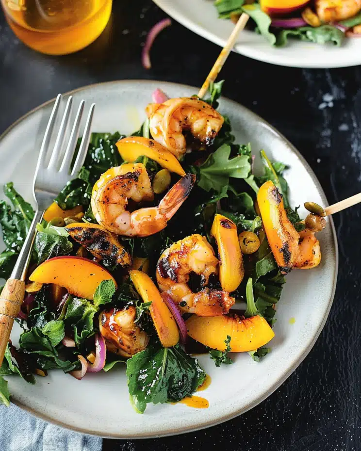 Sriracha Shrimp Skewers with Collard-Peach Salad