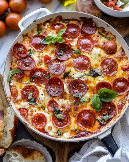Tomato Burrata Pepperoni Pizza Dip