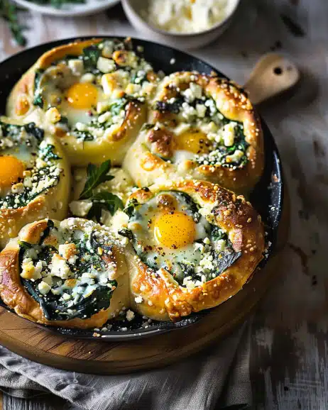 Baked egg buns with spinach and feta
