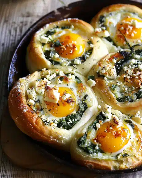 Baked egg buns with spinach and feta