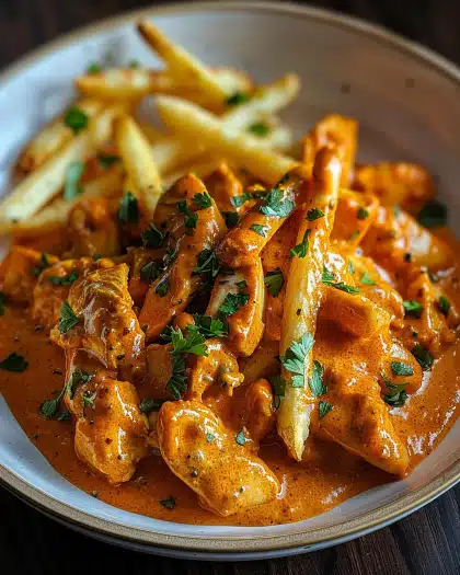 Butter Chicken with Garlic Sauce and Crispy Fries delights