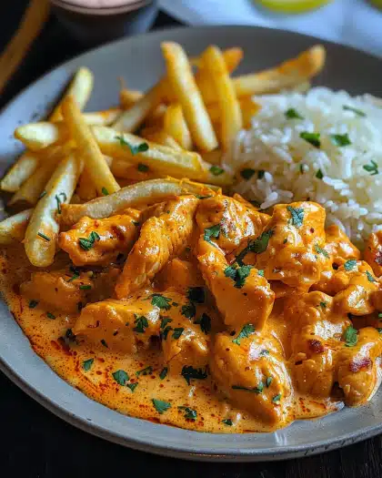 Butter Chicken with Garlic Sauce and Crispy Fries delights