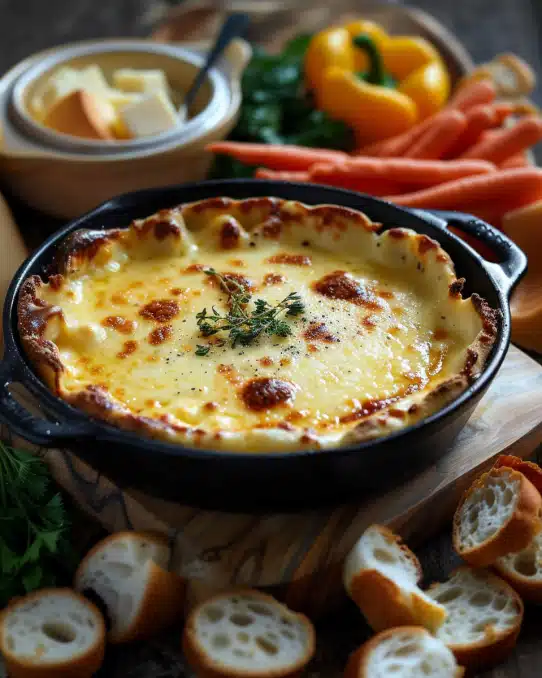 Cheesy Baked Fondue with Assorted Dippers
