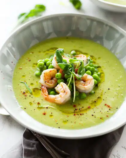 Chilled Pea Soup Recipe with Shrimp