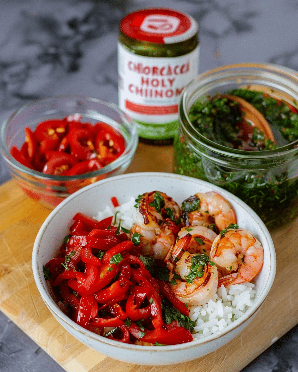 Grilled Chimichurri Shrimp Bowls on wild whole grains with red pepper salad and arugula