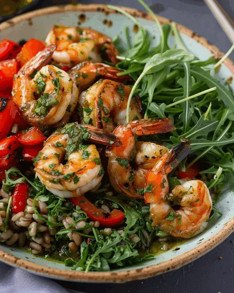 Grilled Chimichurri Shrimp Bowls on wild whole grains with red pepper salad and arugula
