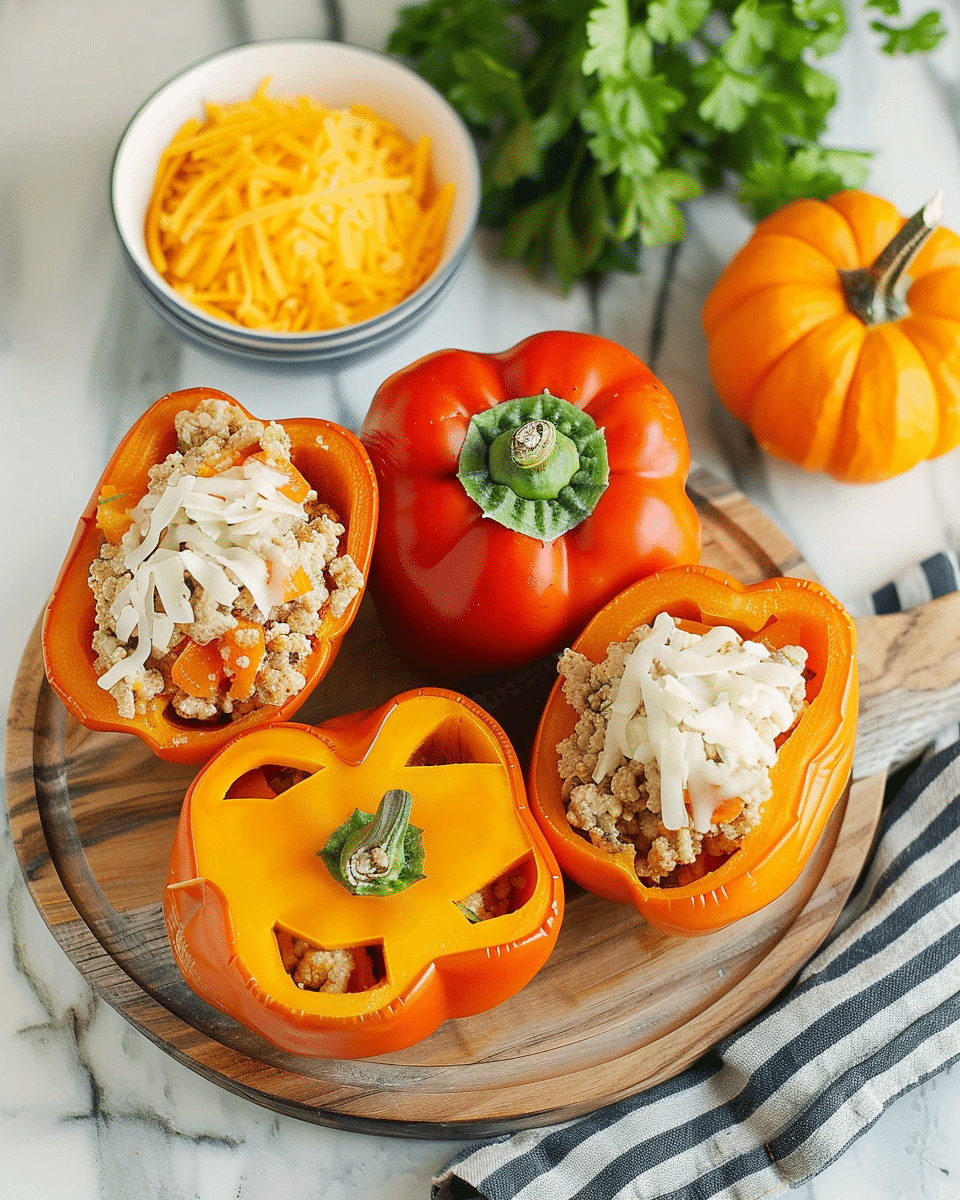 Shredded Chicken & Rice Stuffed Peppers (Halloween Style)