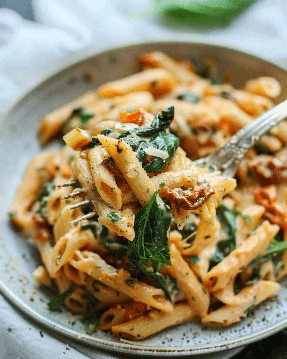Sun-Dried Tomato and Spinach Pasta (no cream, vegetarian, GF option)