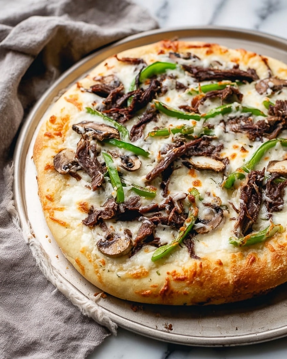 A slice of pizza is being lifted from a round silver tray by a woman's hand. The pizza has one thick crust layer, light golden brown in color. On top, there is a layer of melted white cheese spread evenly, topped with dark brown cooked mushrooms, thin green bell pepper strips, and small bits of brown meat. The background is a white marbled surface. photo taken with an iphone --ar 4:5 --v 7