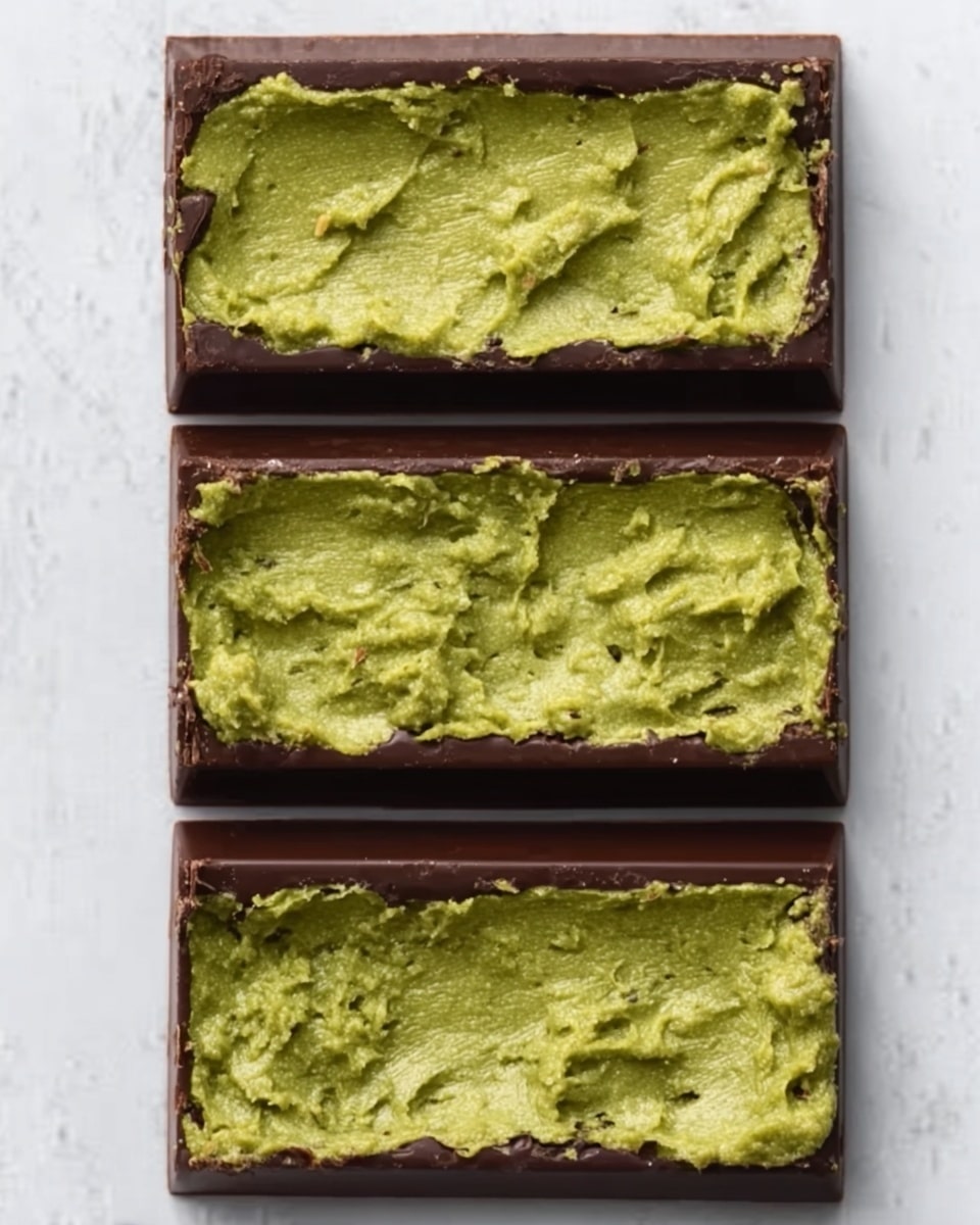 The image shows three rectangular chocolate bars arranged vertically on a white marbled surface. Each chocolate bar is dark brown with a smooth, shiny texture. On top of each bar, there is a thick, uneven layer of green paste, which appears creamy with small bits mixed inside. The green layer almost fills each chocolate rectangle, creating a bright contrast with the dark chocolate base. Photo taken with an iphone --ar 4:5 --v 7