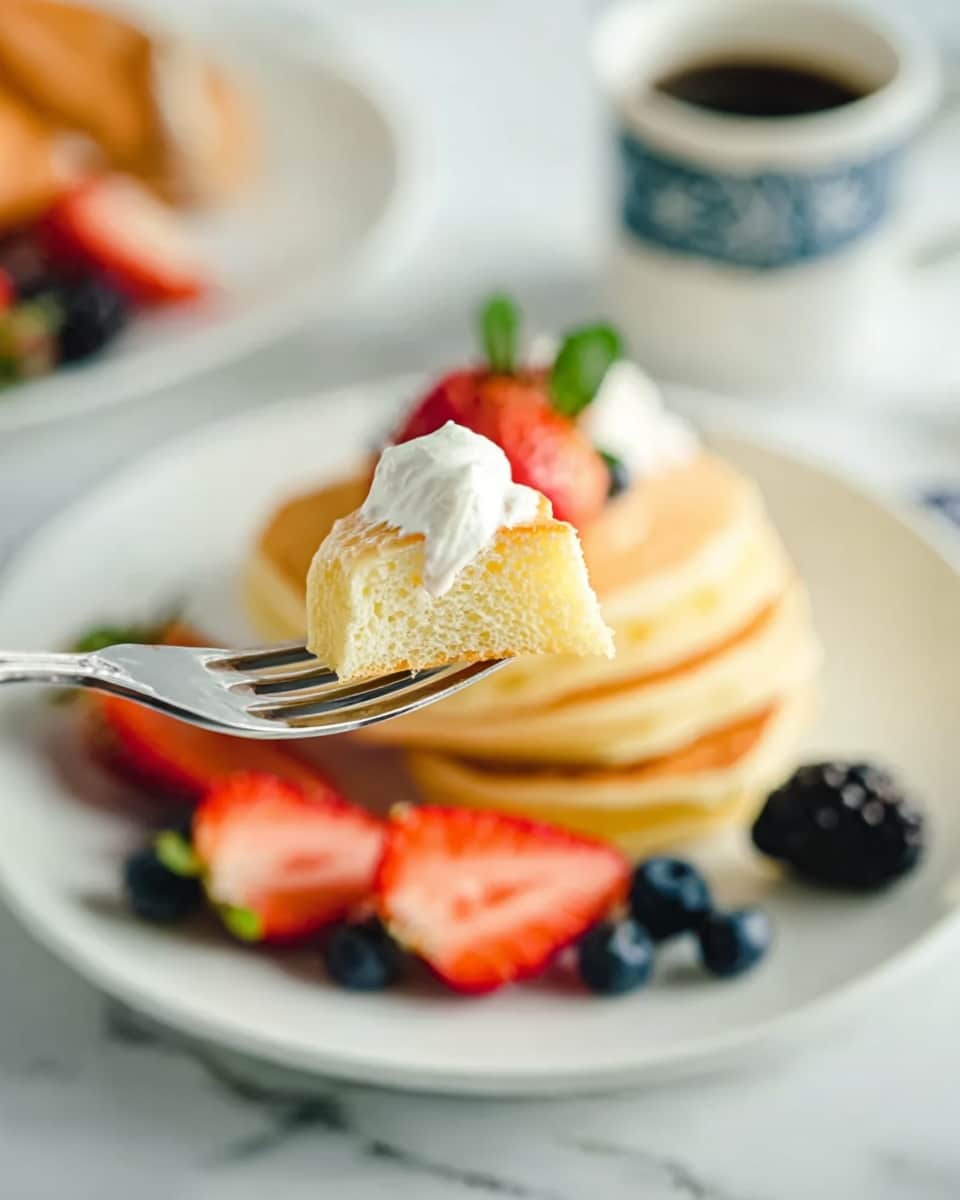 The image shows a close-up of a golden fluffy pancake piece with a small dollop of white cream on top held by a fork in the foreground. In the background, there is a white plate with several pale yellow pancakes stacked together. Around the pancakes, there are fresh strawberry slices with red and white gradients, dark blueberries, and a single blackberry, all placed on a white marbled surface. The scene is bright and crisp, with soft natural light highlighting the textures of the pancakes and fruits. A white cup with a blue pattern sits blurred in the far background. photo taken with an iphone --ar 4:5 --v 7