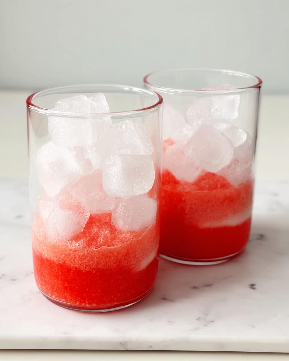 Two clear glass cups are shown on a white marbled surface, each filled with two layers. The bottom layer is a bright red, slightly thick liquid that takes up about one-fourth of the glasses. Above this red layer is a larger pile of clear, irregular ice pieces filling the rest of the glass nearly to the top. The background is plain white, creating a clean and simple look. Photo taken with an iphone --ar 4:5 --v 7