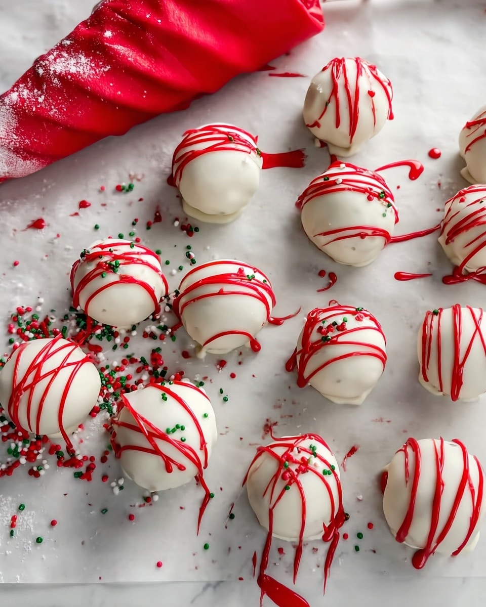 There are 14 round white balls arranged irregularly on a white marbled surface covered with parchment paper. Each ball is smooth and glossy, decorated by thin red lines running across the tops and sides. Scattered around the balls are tiny green and red sprinkles that add a festive touch. On the left side of the image, there is a red piping bag with white material inside, resting on the same surface with some red drips around it. The whole scene looks clean and bright with soft natural light. photo taken with an iphone --ar 4:5 --v 7