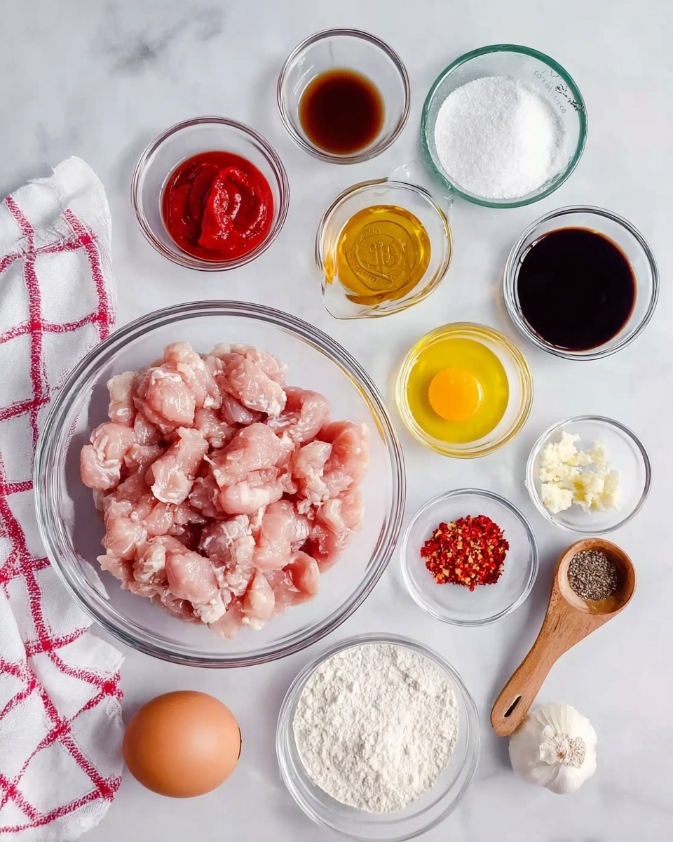 The image shows small pieces of raw light pink meat in a large clear glass bowl placed on a white marbled surface. Around it, there are smaller clear glass bowls and containers holding various ingredients: a dark brown liquid, a red sauce, a white powder, an egg yolk in clear glass, a yellow oil, chopped white garlic, some brown paste, a clear liquid in a measuring cup, salt and black pepper in a small wooden dish, coarse salt, black pepper, red chili flakes, and some white flour. An uncooked whole brown egg rests on the surface, and part of a white and red checked cloth is visible on the left side. The items are spaced neatly, creating a clean and organized look photo taken with an iphone --ar 4:5 --v 7
