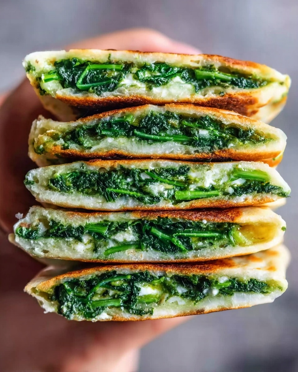 The image shows four long, narrow sandwich slices held together, each with three visible layers. The outer layers are golden brown toasted flatbread with a crispy texture, and the middle layer is bright green cooked spinach mixed with some white cheese, giving it a soft and creamy look. The flatbread edges are slightly browned, showing a crunchy outside. A woman's hand holds the sandwiches close for a clear view of the layers. The background is blurred and neutral. photo taken with an iphone --ar 4:5 --v 7