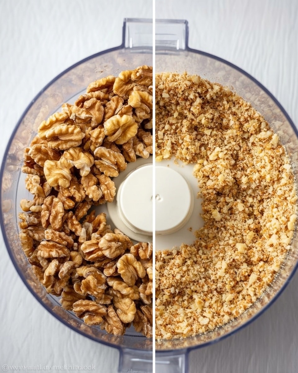 The image shows two clear food processor bowls side by side on a white marbled surface. The left bowl is filled with whole walnut halves, stacked loosely and varying in tones of light brown with rough textures. The right bowl contains finely chopped walnuts with a sandy, crumbly texture and a lighter brown color, evenly distributed inside the bowl. Both bowls have a small white round blade holder in the center. The lighting is soft, showing the natural color and texture of the walnuts. photo taken with an iphone --ar 4:5 --v 7