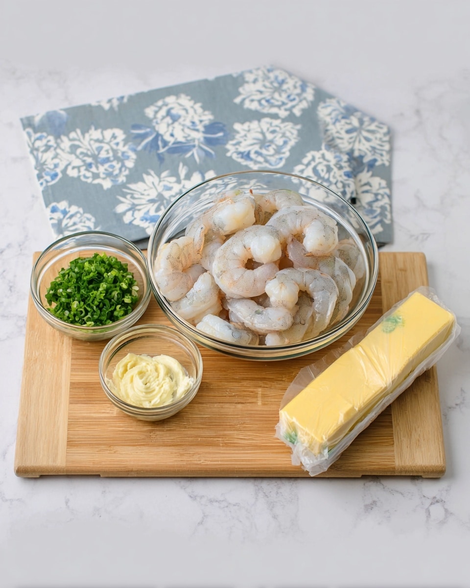 A clear glass bowl filled with raw, peeled shrimp sits on a wooden cutting board. To the left and slightly in front of the shrimp are three small clear glass bowls: one with chopped green herbs, one with minced garlic, and one with a light yellow creamy sauce. To the right on the board are two sticks of wrapped yellow butter. The board is placed on a white marbled surface with a light gray cloth featuring white flower designs behind it. Photo taken with an iphone --ar 4:5 --v 7