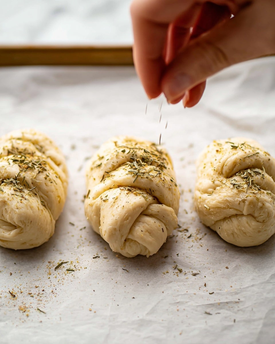 The image shows three small dough rolls on white baking paper placed on a baking tray. Each roll is light beige, soft, and slightly puffy with visible folds and layers where the dough is wrapped. The rolls are sprinkled with dried green herbs and some specks of seasoning on top. A woman's hand is seen at the top right, sprinkling more herbs onto the middle roll. The background is a white marbled texture. photo taken with an iphone --ar 4:5 --v 7