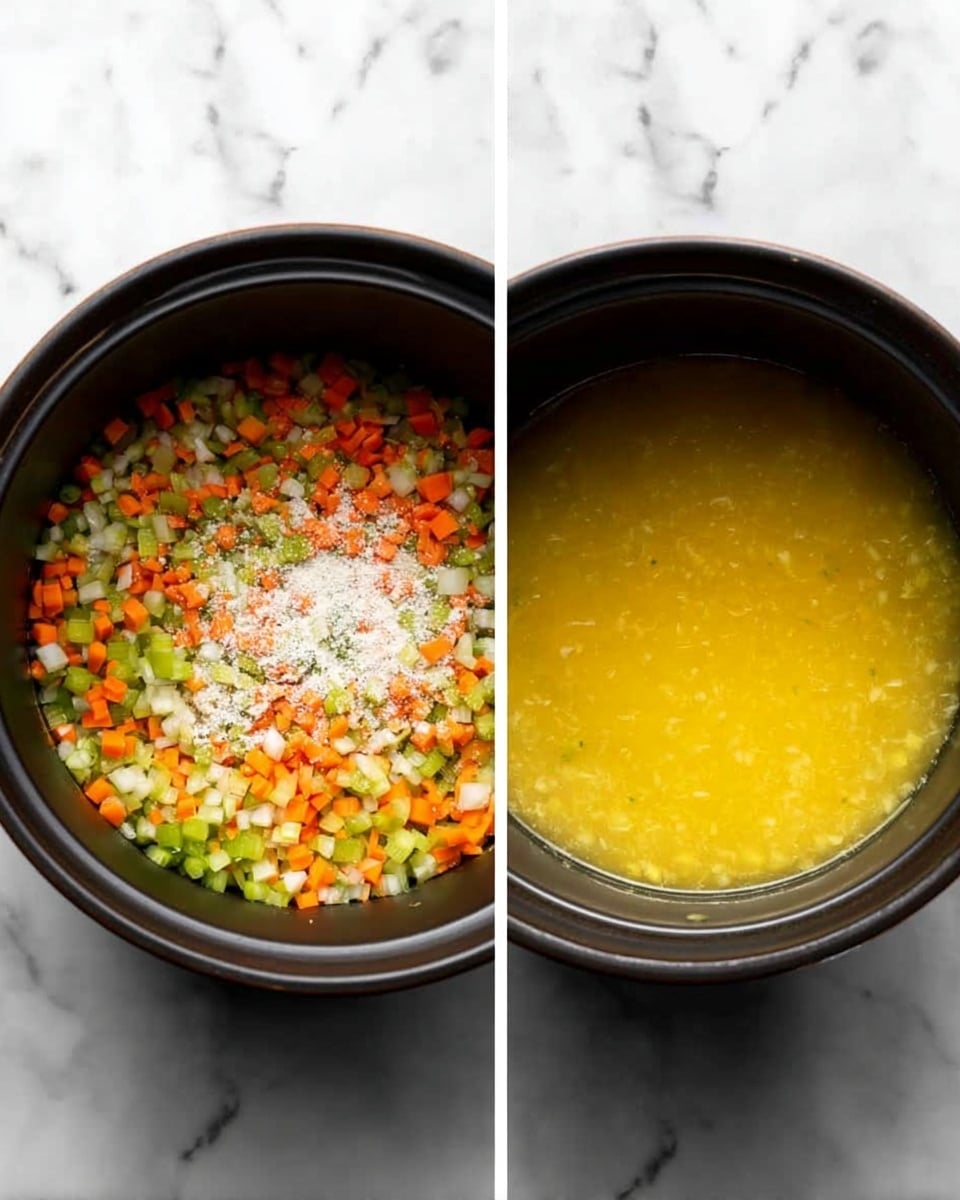 The image on the left shows a black pot filled with several layers of finely chopped vegetables, including orange carrots, green celery, and white onions, all mixed together with a light dusting of white flour on top. The image on the right shows the same black pot but now filled with a smooth, yellow liquid that appears to be a blended or cooked soup base. Both pots are placed on a white marbled surface. photo taken with an iphone --ar 4:5 --v 7