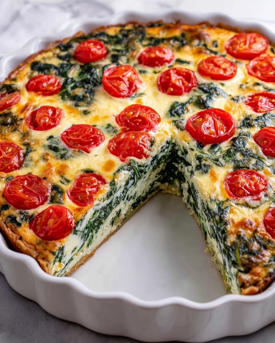 A white scalloped round dish holds a thick, multi-layered spinach and cheese quiche with one slice missing. The bottom layer is deep green spinach leaves pressed together. The middle layer is a pale, creamy mixture of cheese and eggs, with a smooth texture. The top layer is golden melted cheese with whole bright red cherry tomato halves evenly placed across the surface, adding a pop of color. The dish sits on a white marbled surface. Photo taken with an iphone --ar 4:5 --v 7