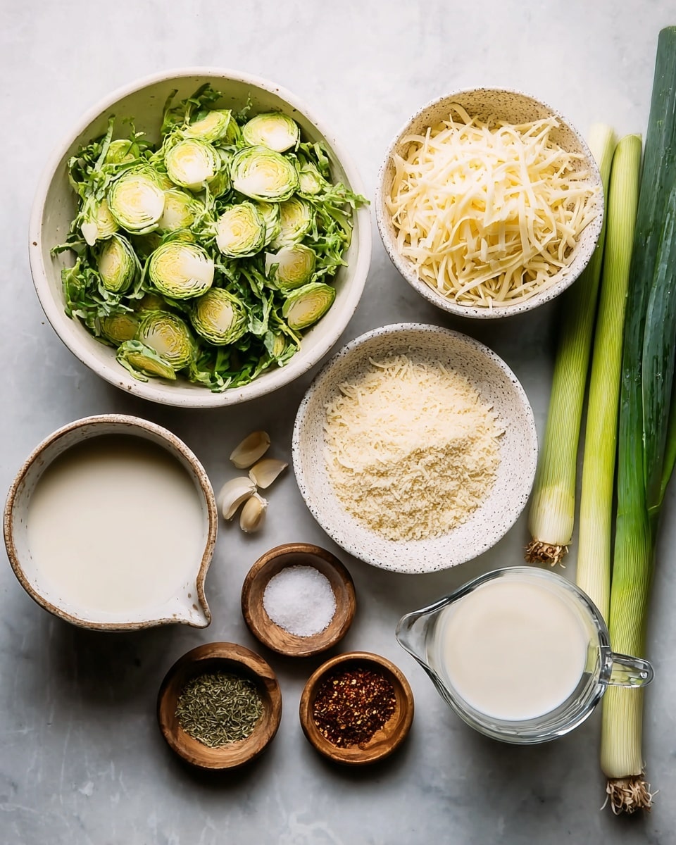 A collection of ingredients neatly arranged on a white marbled surface including one large white bowl filled with thinly sliced green brussels sprouts layered unevenly with some whole small dark green leaves on top; next to it, a small speckled white bowl full of shredded pale yellow cheese; a slightly larger white bowl holding fine, beige panko breadcrumbs; nearby, a white bowl with grated Parmesan cheese, light yellow and crumbly; two small wooden bowls with dried green herbs and minced light beige garlic; a clear glass measuring cup filled with white creamy liquid; a small white bowl with olive oil; a cluster of fresh whole green leeks with visible stems; and a tiny white bowl containing salt, pepper, and a reddish-brown spice. photo taken with an iphone --ar 4:5 --v 7