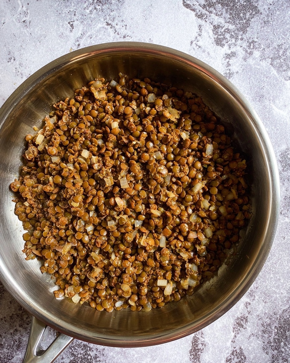 A top view of a stainless steel pan with a single layer of cooked lentils mixed with small pieces of softened onions. The lentils are brownish-green in color with a slightly shiny, moist texture, and they fill the pan evenly. The surface beneath is a white marbled texture. photo taken with an iphone --ar 4:5 --v 7