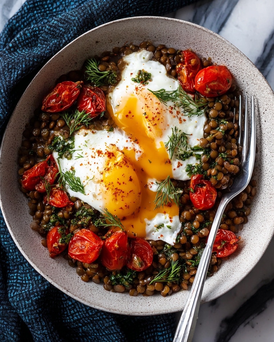 A round white bowl holds two layers: the bottom layer is a mix of brown lentils with cooked red cherry tomato halves and chopped green herbs scattered throughout. The top layer has two fried eggs with bright white whites and runny yellow yolks flowing onto the lentils and tomatoes. Small green herb pieces and fresh green dill sprigs garnish the eggs and lentils. A shiny silver knife and fork rest on the right side inside the bowl. The bowl sits on a white marbled surface with a dark blue cloth partially visible on the top left. photo taken with an iphone --ar 4:5 --v 7