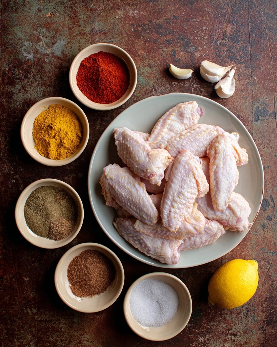 A white round plate holds a pile of raw chicken wings, light pink with smooth, slightly glossy skin. Around the plate are six small beige bowls containing different spices: bright yellow turmeric powder, deep red chili powder, dark brown cumin, light brown coriander powder, and a white bowl with salt and pepper. Two garlic cloves and a half lemon with bright yellow skin and juicy interior sit close together near the bottom right. The background is a dark, rusty brown worn surface replaced by a white marbled texture for the scene. Photo taken with an iphone --ar 4:5 --v 7