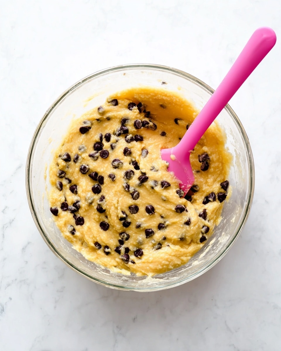 A clear glass bowl filled with a thick, yellowish batter mixed with many small, dark chocolate chips spread evenly throughout. A pink silicone spatula with a rounded handle rests inside the batter, partially covered with the mix, angled diagonally from top right to the center of the bowl. The bowl sits on a white marbled surface that is clean and bright, enhancing the colors of the batter and spatula. photo taken with an iphone --ar 4:5 --v 7