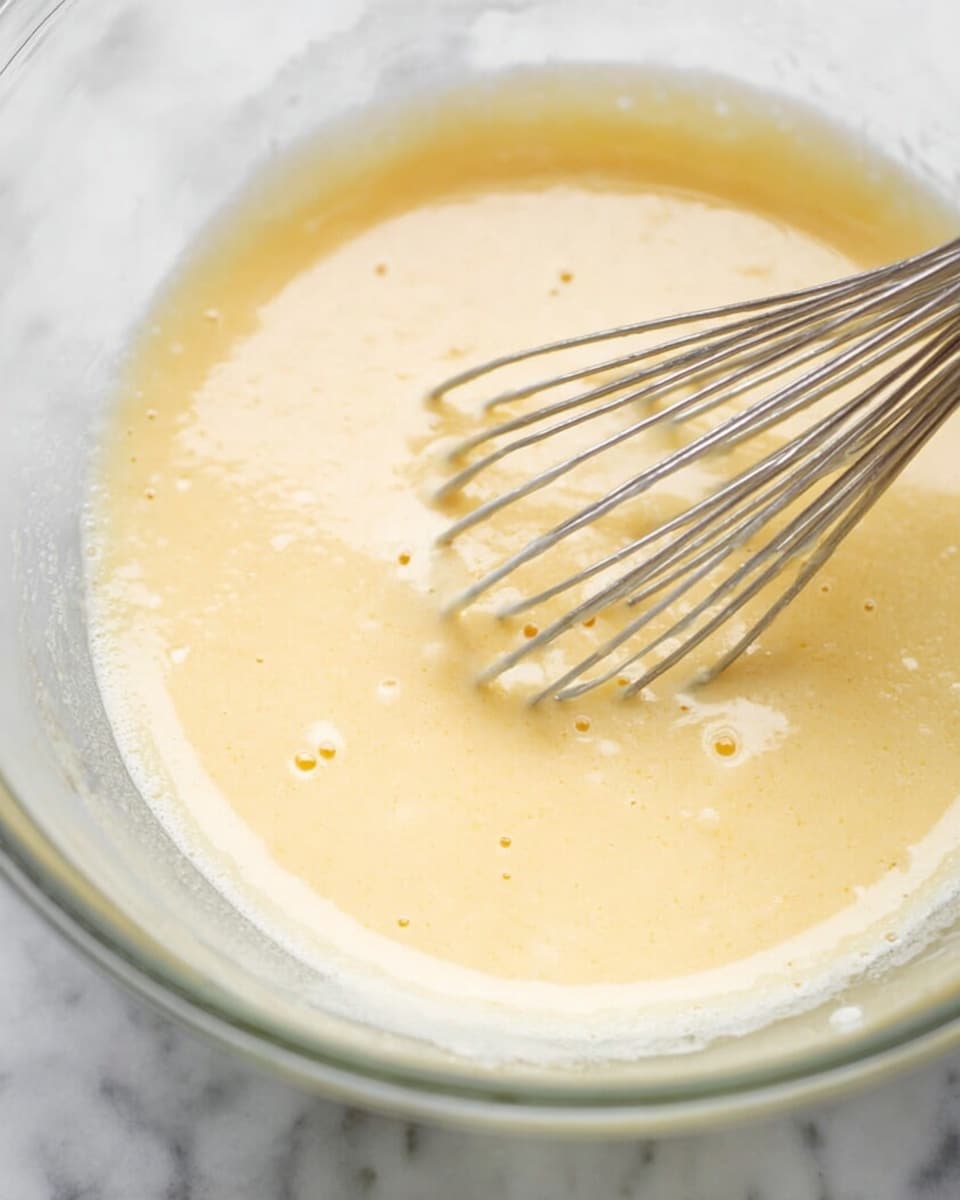 A close-up view shows a smooth, light yellow batter being mixed with a metal whisk inside a transparent bowl. The batter has a creamy, slightly thick texture with small bubbles on the surface, indicating it is well-beaten. The bowl is placed on a white marbled surface, and the focus is mainly on the batter and the whisk as it stirs through the mixture. photo taken with an iphone --ar 4:5 --v 7