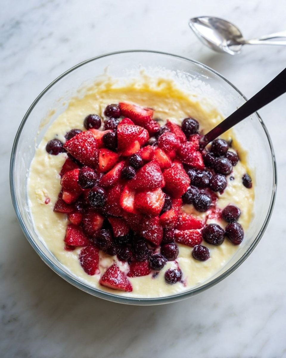 A clear glass bowl is filled with a creamy pale yellow batter forming the bottom layer. On top, there is a generous heap of bright red chopped strawberries mixed with small, round dark purple berries scattered over the batter. A black spoon is partially visible in the bowl, resting on the right side. The bowl sits on a white marbled surface with a silver spoon placed in the background. The berries look fresh and slightly frosted, contrasting with the soft texture of the batter. photo taken with an iphone --ar 4:5 --v 7