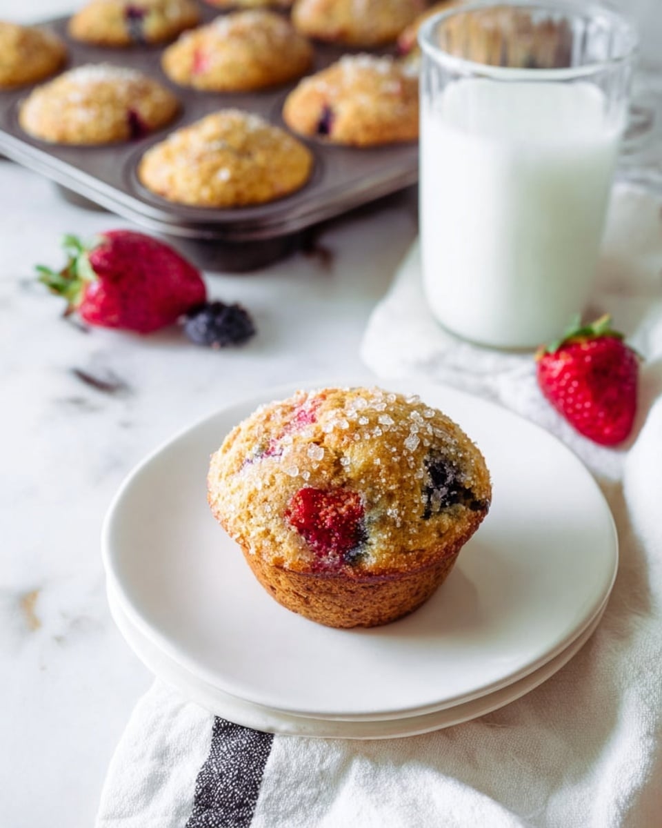 A golden brown muffin sits in the center of a white plate, topped with large sugar crystals that add a rough texture and sparkle. Within the muffin’s surface, small pieces of red strawberry and dark blueberries peek through, adding spots of color. In the background, a white marbled surface holds a muffin tin filled with more muffins that have a similar golden texture and visible berries. To the side, a clear glass mug of white milk reflects soft light. A white cloth with black accents lies beneath the plate, adding subtle contrast. photo taken with an iphone --ar 4:5 --v 7
