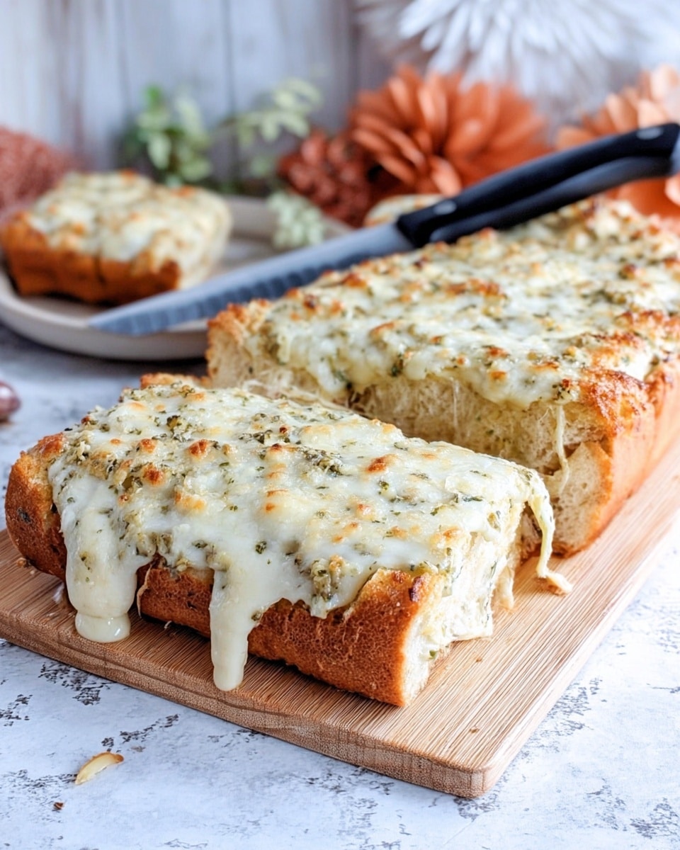 A thick square slice of pizza with a golden brown crust and a very thick first bread layer at the bottom is shown on a wooden board. The pizza has a thick creamy white topping that looks like melted cheese mixed with small, light chunks of chicken spread evenly, with slightly browned spots on top. The background shows a white marbled surface with a blurred green and purple patterned container and a pink ceramic jar, both out of focus. The photo taken with an iphone --ar 4:5 --v 7