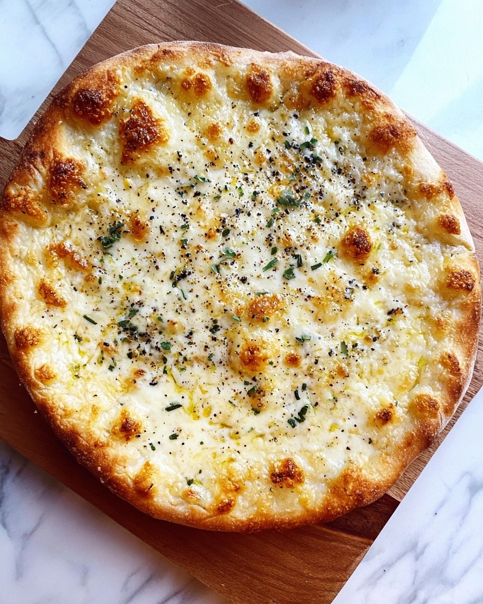 A round pizza with a golden brown crust that is slightly raised and bubbly around the edges. The top layer is melted white cheese with small browned spots and is sprinkled with black pepper and green herbs. The cheese layer covers the entire surface. The pizza rests on a wooden board placed on a white marbled texture surface. photo taken with an iphone --ar 4:5 --v 7
