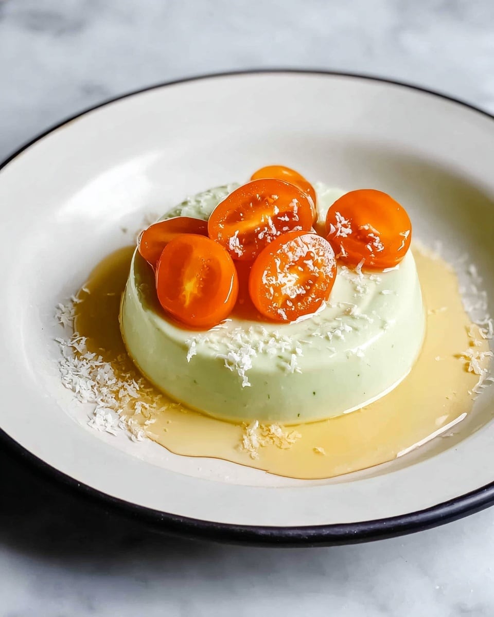 The dish is composed of a single dome-shaped green panna cotta with a smooth and creamy texture, placed in the center of a white plate with a thin black rim. On top of the panna cotta, there are several halved bright orange kumquats arranged in a small pile, some kumquats are glossy and appear juicy. A few pieces of shredded white garnish, possibly coconut, are sprinkled lightly over the kumquats and panna cotta. There is a light yellow sauce gently spread around the panna cotta on the plate. The plate sits on a white marbled surface. photo taken with an iphone --ar 4:5 --v 7