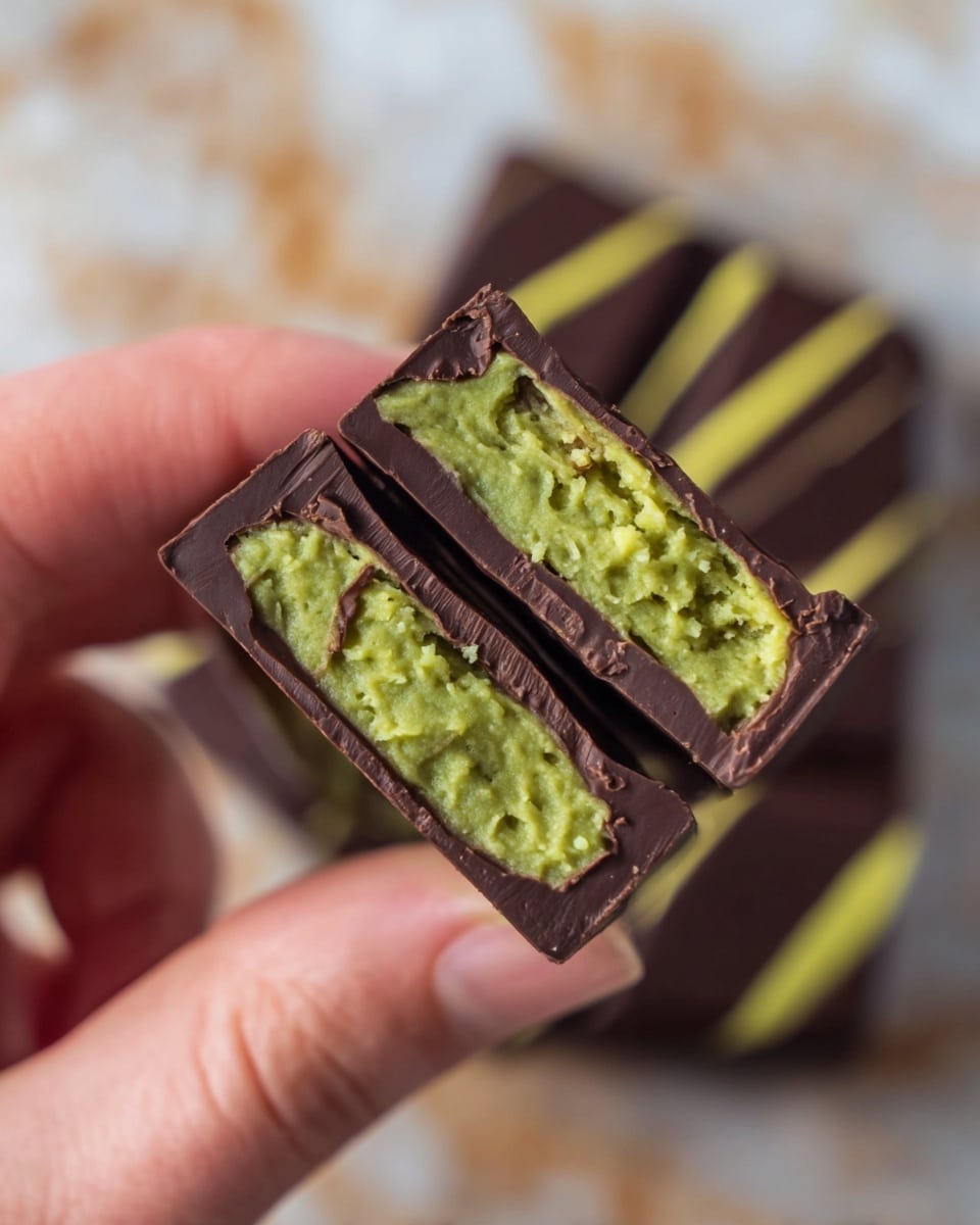 A close-up shows a small piece of dark chocolate held by a woman's hand, broken in half to reveal a thick, rough-textured green filling inside. The chocolate has thin yellow-green stripes on top, and the filling looks creamy with small bits and a slightly uneven surface. The background is softly blurred, focusing fully on the chocolate and the woman's hand. The surface underneath is a white marbled texture. photo taken with an iphone --ar 4:5 --v 7