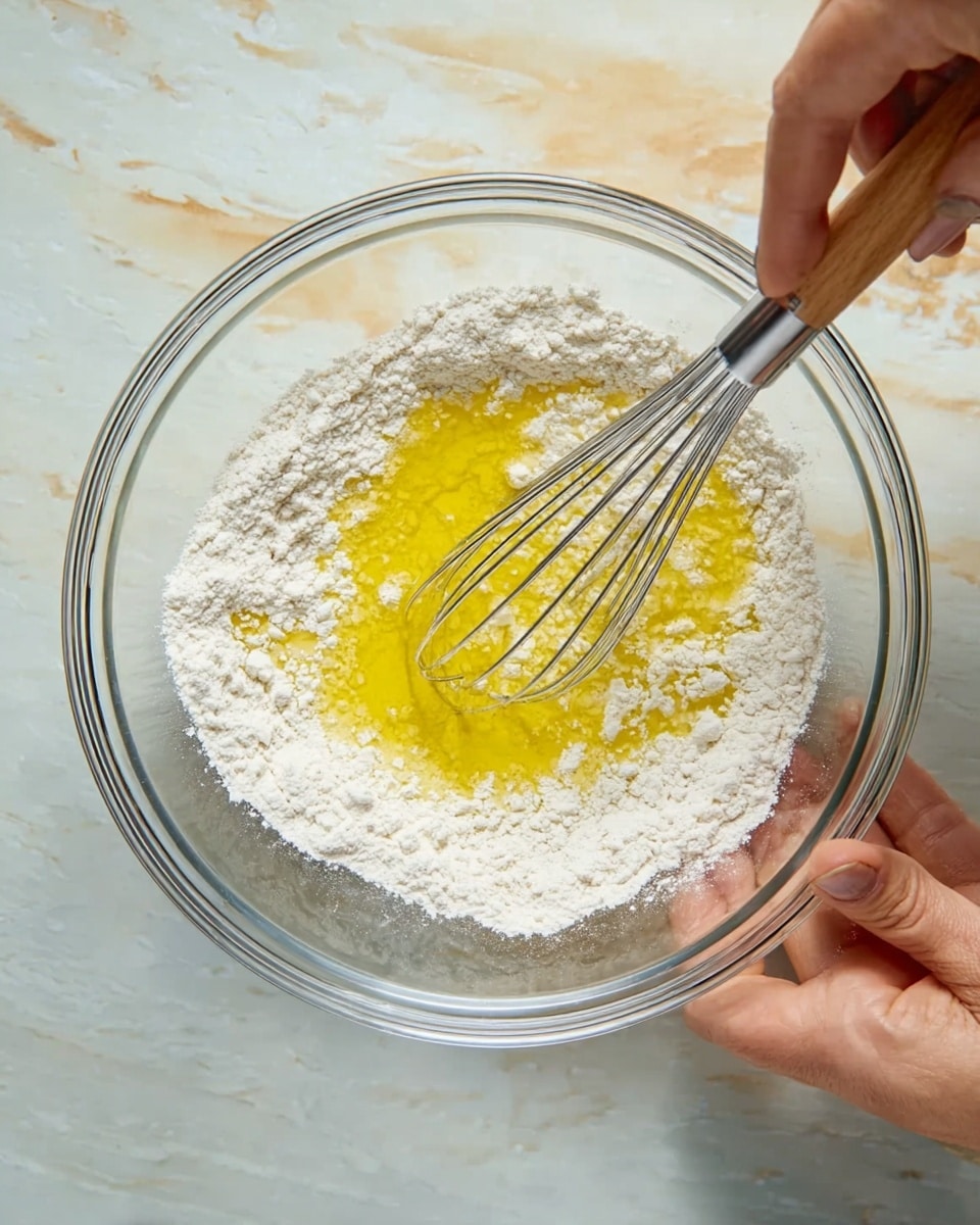 A clear glass bowl sits on a surface with a white marbled texture, containing a mixture with two layers: a dry white flour layer surrounding a yellow liquid layer in the center. A metal whisk is positioned inside the bowl, partially blending the layers together. At the edge of the bowl, a woman's hand lightly holds it steady, with natural skin tone visible and nails slightly polished photo taken with an iphone --ar 4:5 --v 7