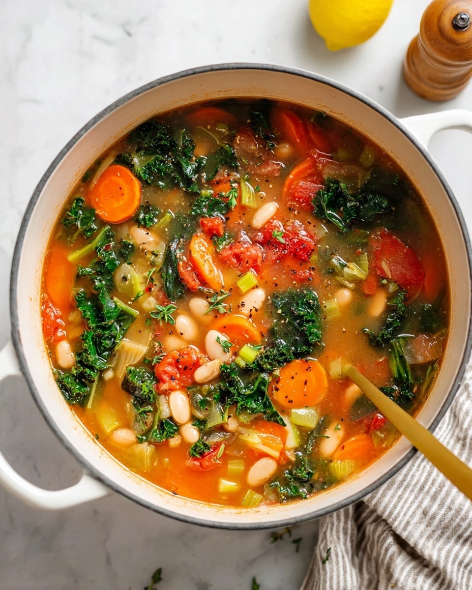 A white pot filled with vegetable soup showing at least five layers of ingredients: bright orange carrot slices, chopped green celery pieces, dark green kale leaves, white beans, and red tomato chunks in a light orange broth. The soup has some small black pepper specks and bits of herbs throughout. A golden spoon is partially dipped on the right side of the pot. The pot sits on a white marbled surface with part of a striped cloth below it and a lemon half and pepper grinder blurred nearby. photo taken with an iphone --ar 4:5 --v 7