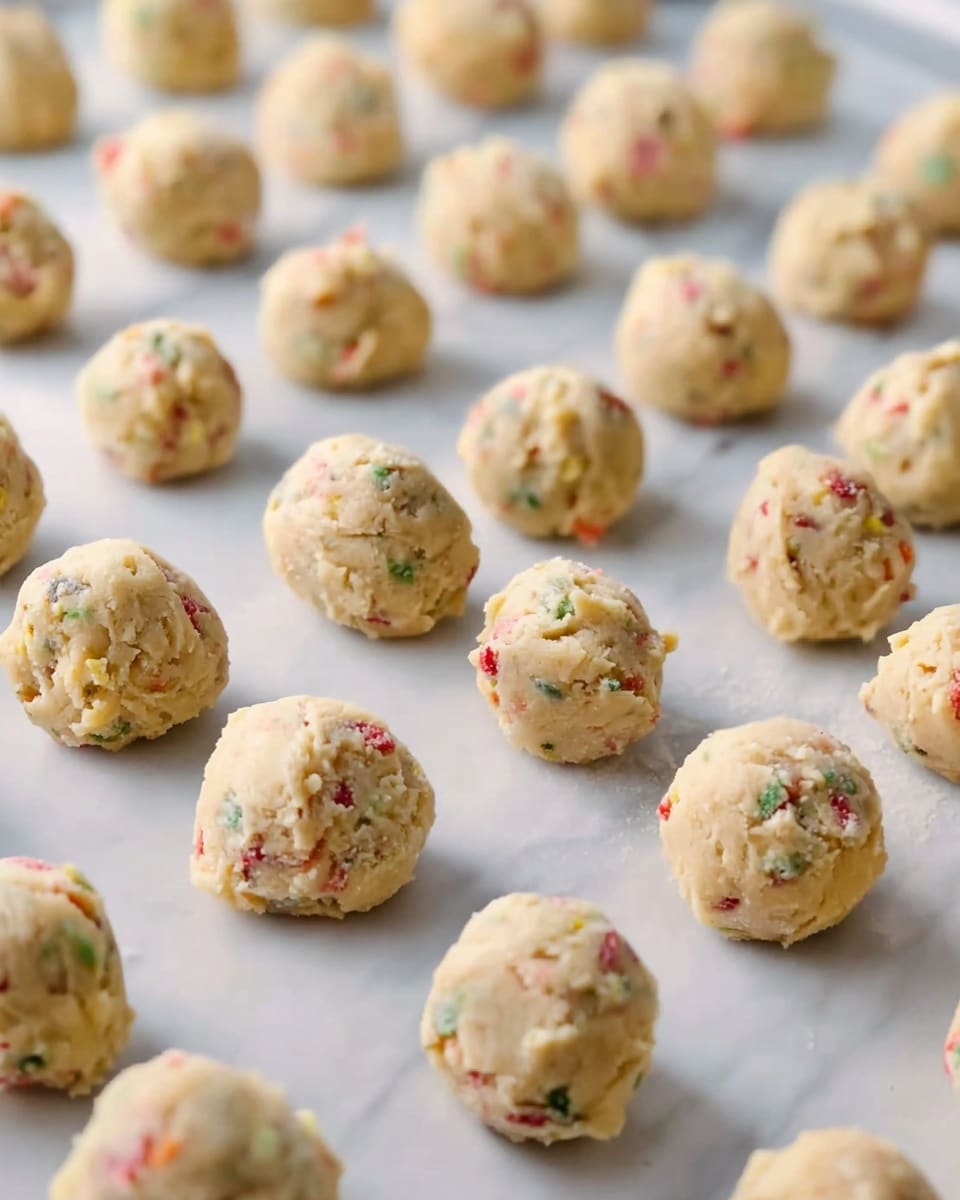 Many small round cookie dough balls are placed in rows on a white marbled flat surface. Each ball is light beige with visible small red, green, and white bits mixed in. The dough balls have a soft, textured look with some uneven edges. The background is softly blurred, keeping focus on the scattered dough balls. Photo taken with an iphone --ar 4:5 --v 7