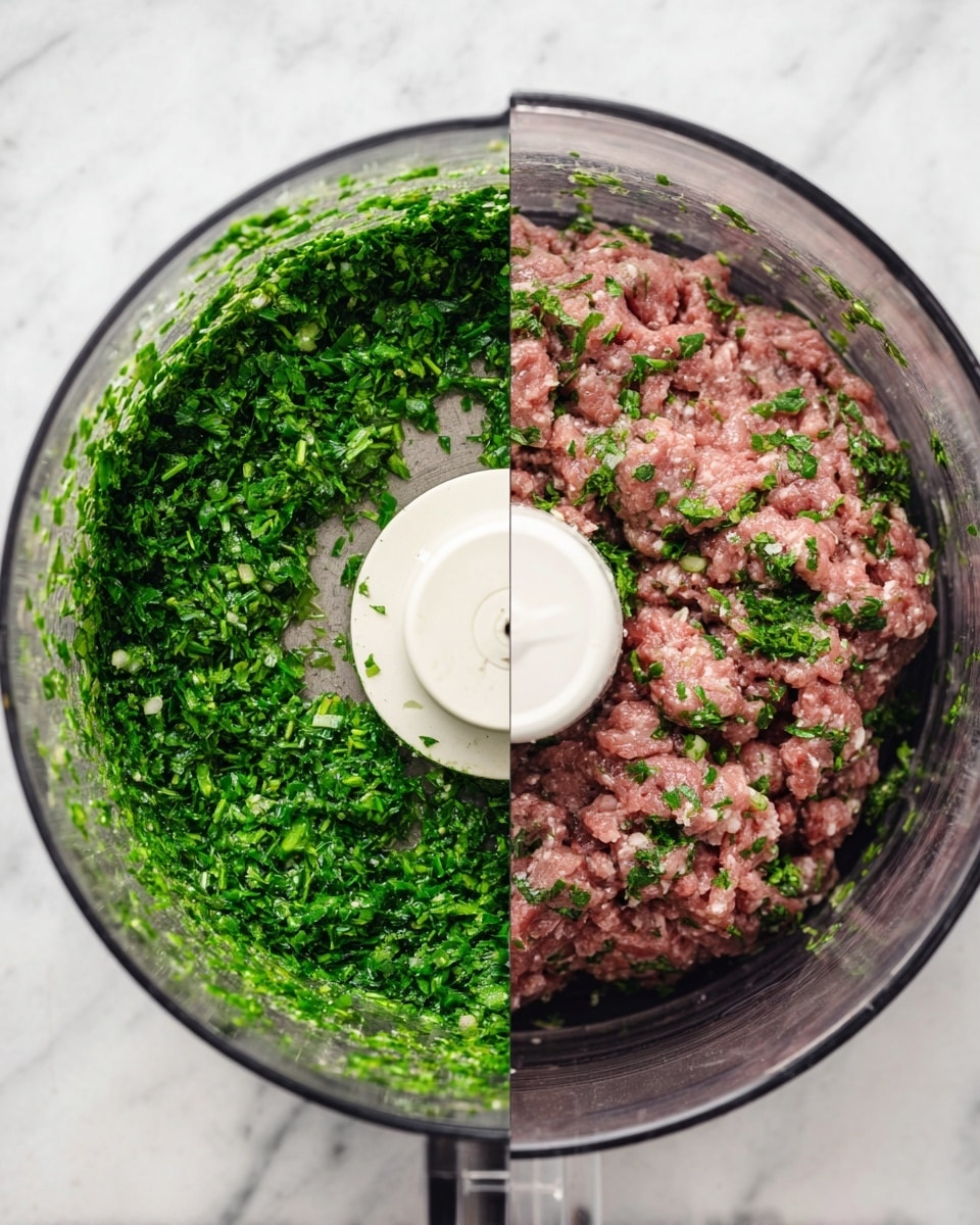 The image shows two side-by-side close-up views on a white marbled surface: on the left, there is a food processor filled with finely chopped bright green herbs with a white center blade, and on the right, a shiny metal bowl holding a mixture of raw ground meat with small green herb pieces mixed throughout, its texture soft and slightly sticky with visible bits of white fat. photo taken with an iphone --ar 4:5 --v 7