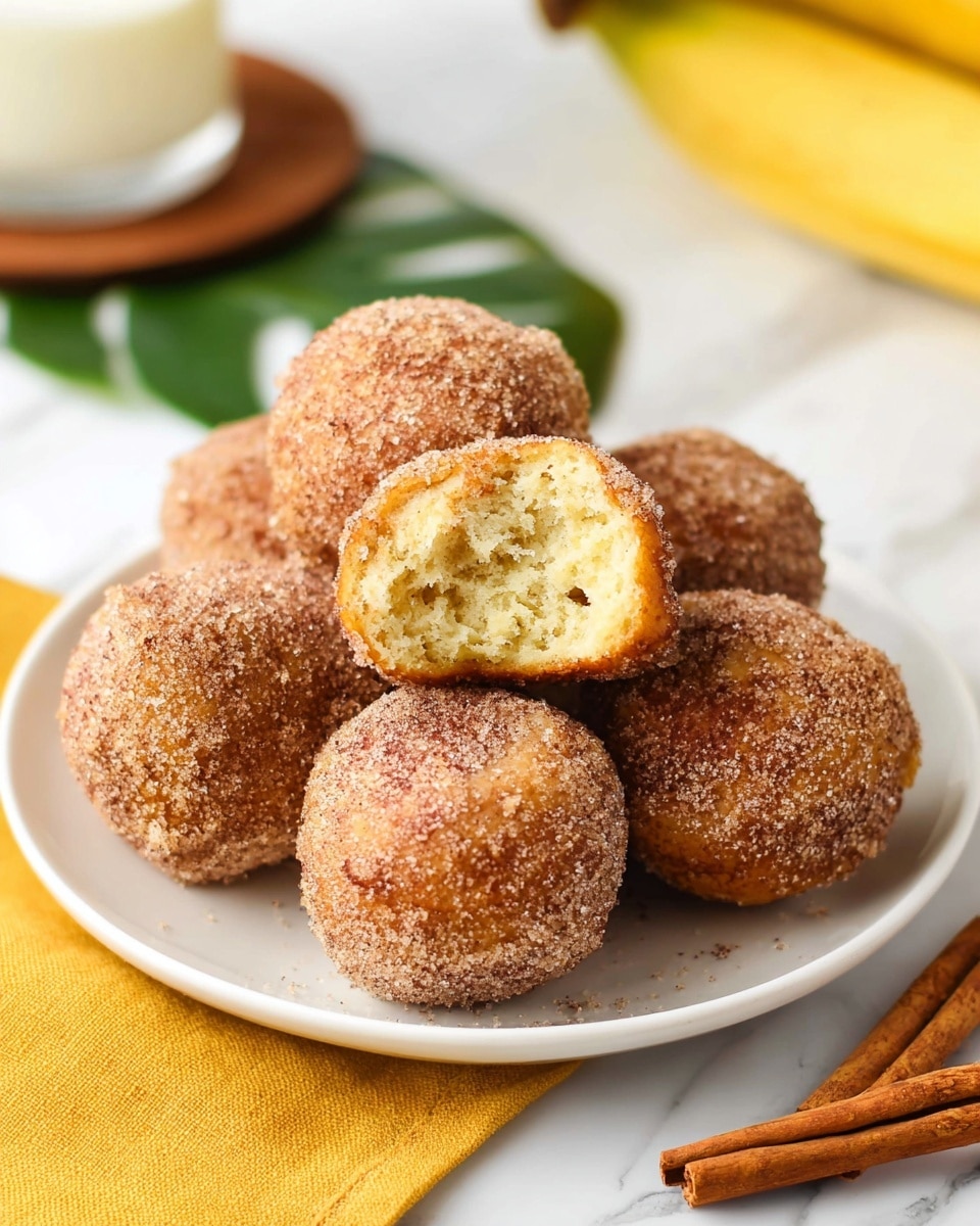 A white plate holds seven round doughnut holes covered in a layer of light brown cinnamon sugar. One doughnut hole is on top, broken in half to show its soft, fluffy, pale yellow inside with a slightly rough texture. The doughnuts look crispy on the outside with an uneven cinnamon sugar coating. In the background, there is a blurred glass of milk on a brown coaster, a banana, and a green leaf. The plate is placed on a white marbled surface with a yellow cloth napkin near the bottom left and two cinnamon sticks on the bottom right. photo taken with an iphone --ar 4:5 --v 7