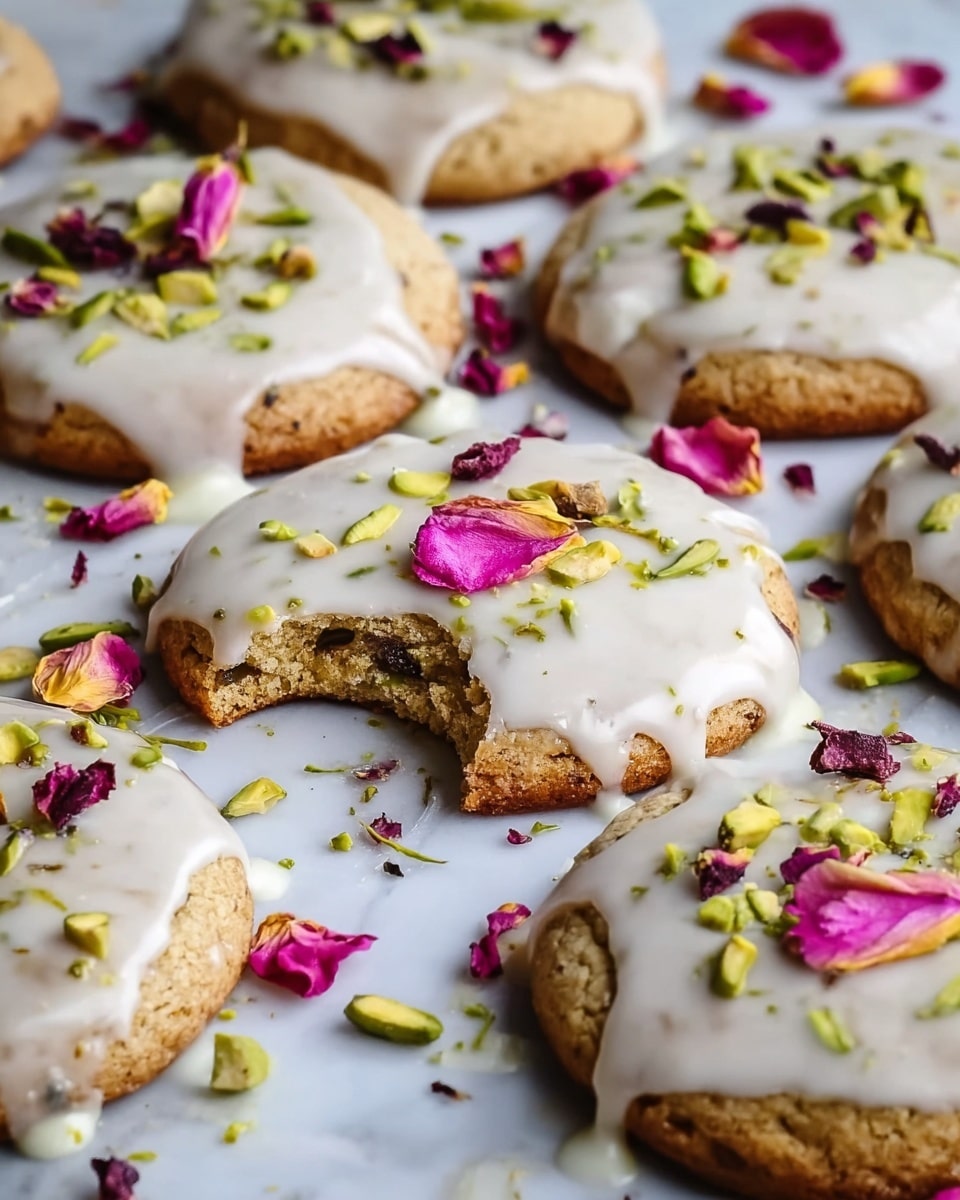 Several round cookies with a light golden-brown color are spread out on a white marbled surface. Each cookie is topped with a thick layer of smooth white glaze, which drips down the sides and pools slightly around the base. Small green slivers of pistachios and tiny dark red rose petals are scattered on top of the glaze and around the cookies. Among the cookies, there are a few delicate pink and yellow flower petals placed randomly for decoration. One cookie in the front has a small bite taken out, showing its soft texture inside. The overall look is rich and inviting, with a mix of smooth glaze and crunchy toppings. photo taken with an iphone --ar 4:5 --v 7