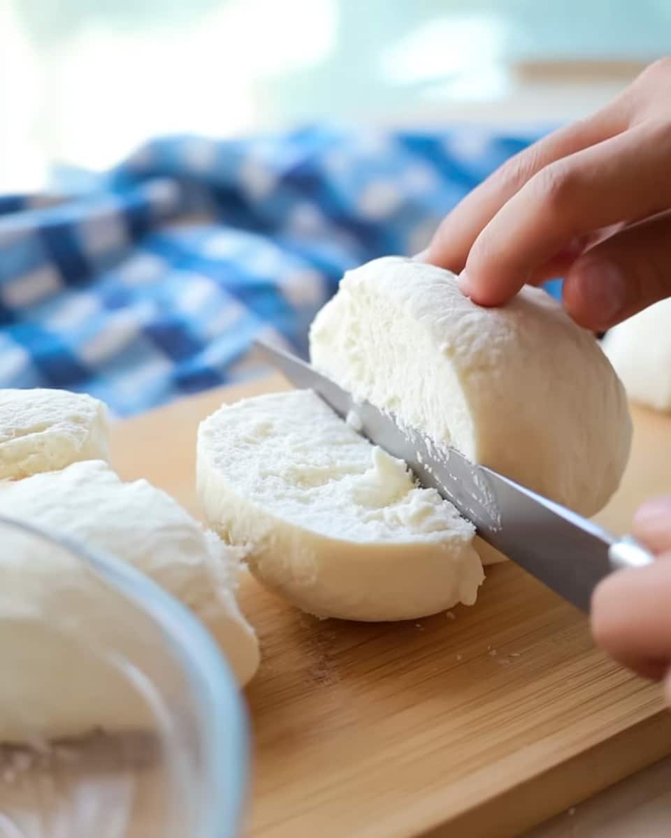 A close-up image shows a person's fingers holding a soft, white round bread or dough piece while a knife slices through it horizontally. The bread looks fluffy and smooth on the outside with a soft texture inside. The cutting takes place on a light brown wooden board, and part of a clear glass bowl is visible on the left. The background has a blurry blue and white checkered cloth, and the overall setting looks bright and clean. Photo taken with an iphone --ar 4:5 --v 7