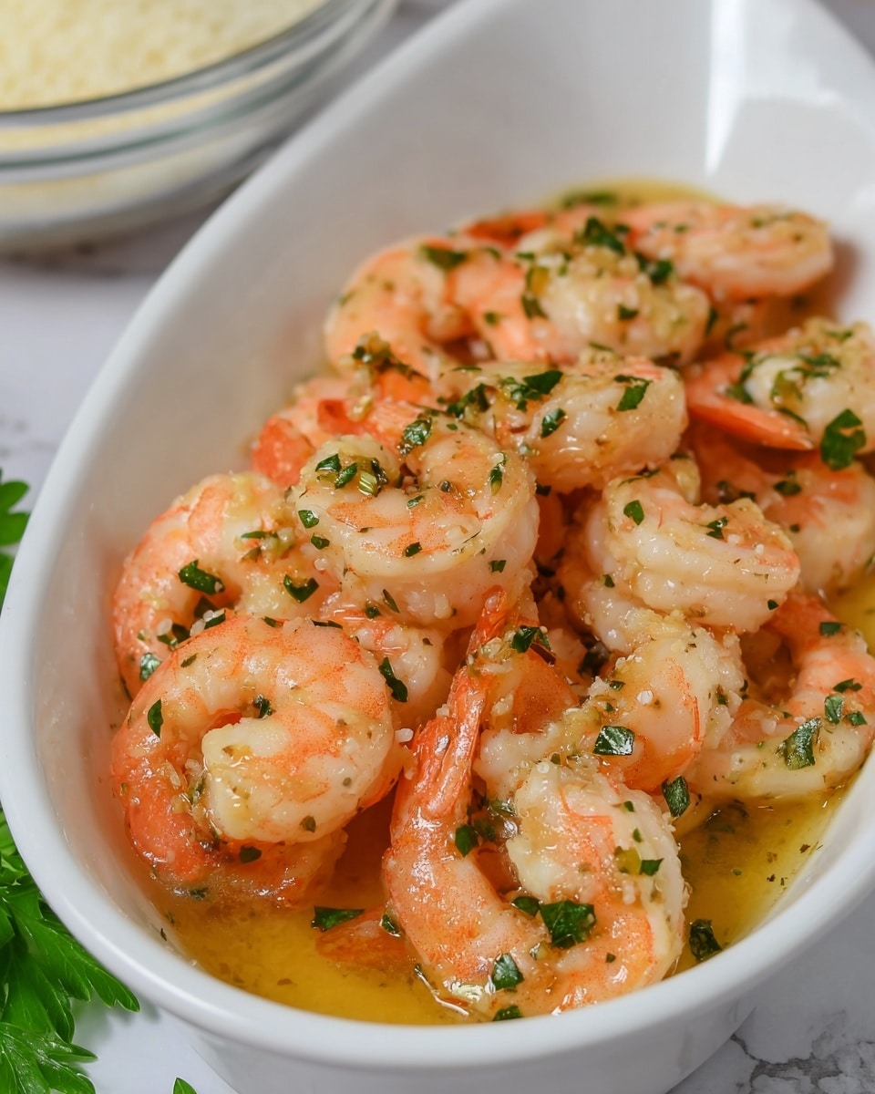A white oval dish filled with a single layer of pinkish-orange cooked shrimp that have a slight shine from a light butter sauce. The shrimp are sprinkled with small pieces of chopped green herbs scattered unevenly across them. The sauce pools slightly around the shrimp at the bottom of the dish, giving a smooth, moist look. The dish is set on a white marbled surface with a hint of green parsley visible at the edges and a blurred bowl of grated cheese in the background. photo taken with an iphone --ar 4:5 --v 7