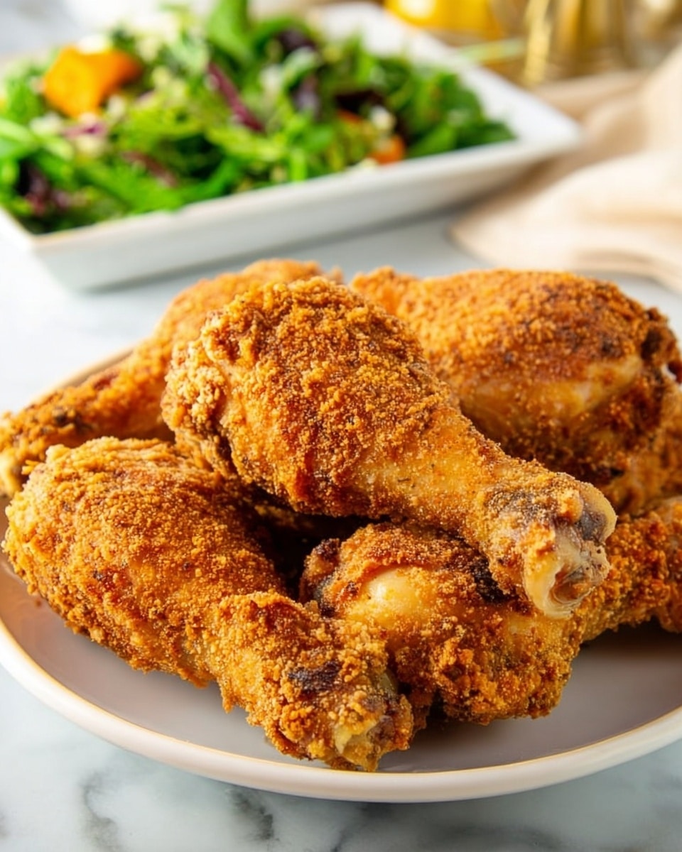 A white plate holds five pieces of golden brown fried chicken drumsticks and thighs, each with a crispy, crumb coating that looks crunchy and well-cooked; the chicken pieces are piled close together, showing rough textured breading with darker golden spots. Behind the plate, there is a blurry white rectangular plate filled with fresh green salad, featuring leafy greens and some orange bits. The whole scene is set on a white marbled surface with soft lighting, creating a warm and inviting look. Photo taken with an iphone --ar 4:5 --v 7